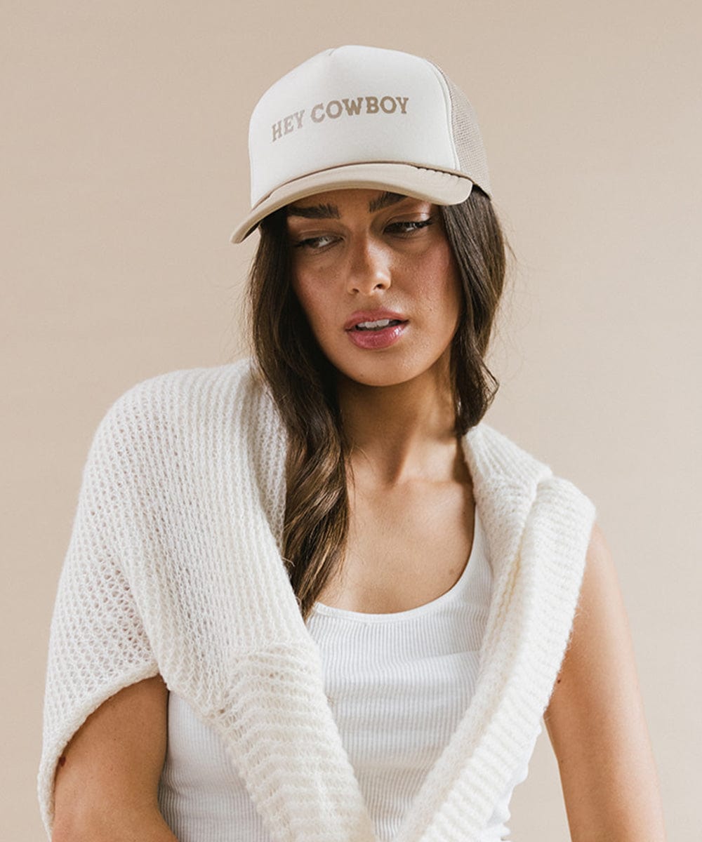 Gigi Pip trucker hats for women - Hey Cowboy Foam Trucker Hat - 100% polyester foam + mesh trucker hat with a curved brim featuring the words "hey cowboy" in a contrasting color as a design across the front panel [tan-cream]