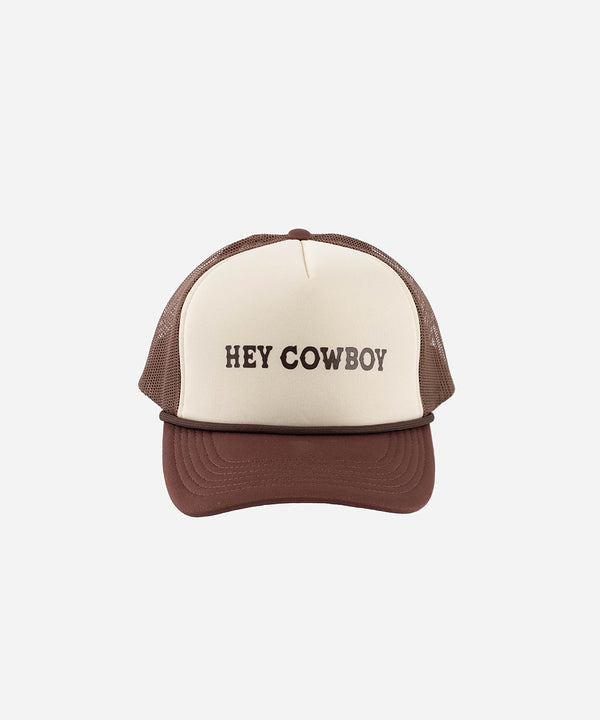 Gigi Pip trucker hats for women - Hey Cowboy Foam Trucker Hat - 100% polyester foam + mesh trucker hat with a curved brim featuring the words "hey cowboy" in a contrasting color as a design across the front panel [cream-chocolate brown]