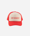 Gigi Pip trucker hats for women - Hey Cowboy Foam Trucker Hat - 100% polyester foam + mesh trucker hat with a curved brim featuring the words "hey cowboy" in a contrasting color as a design across the front panel [cream-vintage red]