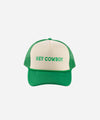 Gigi Pip trucker hats for women - Hey Cowboy Foam Trucker Hat - 100% polyester foam + mesh trucker hat with a curved brim featuring the words "hey cowboy" in a contrasting color as a design across the front panel [cream-vintage green]