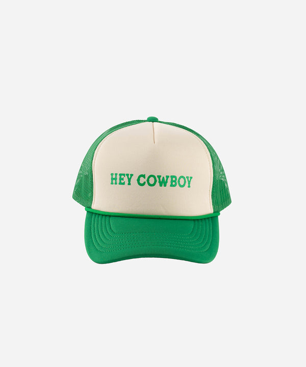 Gigi Pip trucker hats for women - Hey Cowboy Foam Trucker Hat - 100% polyester foam + mesh trucker hat with a curved brim featuring the words "hey cowboy" in a contrasting color as a design across the front panel [cream-vintage green]