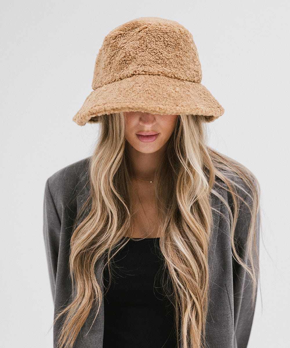 Gigi Pip bucket hats for women - Jackson Sherpa Bucket Hat - sherpa bucket hat featuring a raw edge leather band with our signature xx stitching closure and equipped with an adjustable inner band [camel]