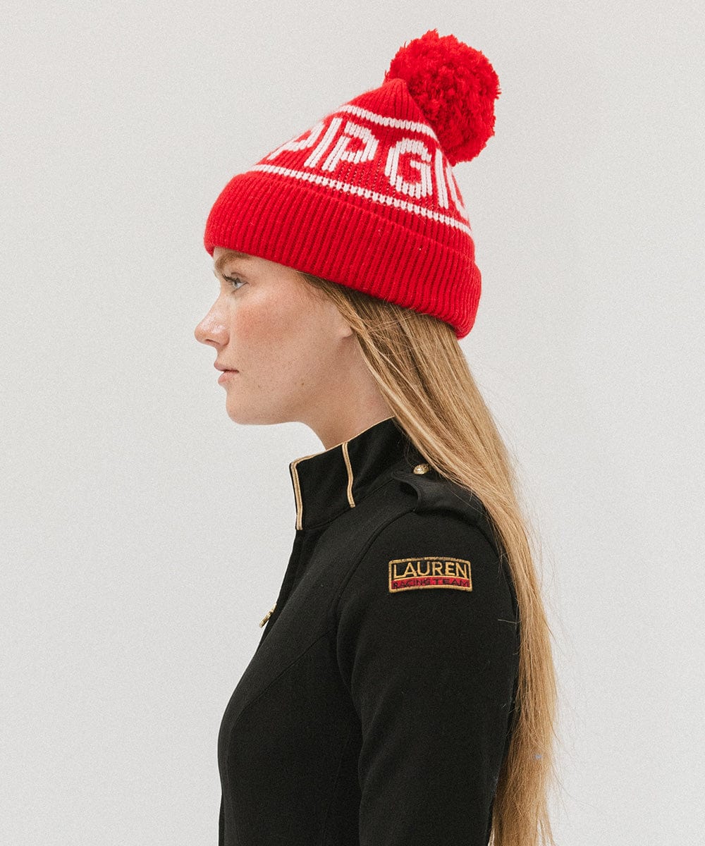 Gigi Pip beanies for women - Jane Retro Pom Beanie - retro inspired pom beanie featuring a limited edition Gigi Pip retro holiday logo [ruby red]