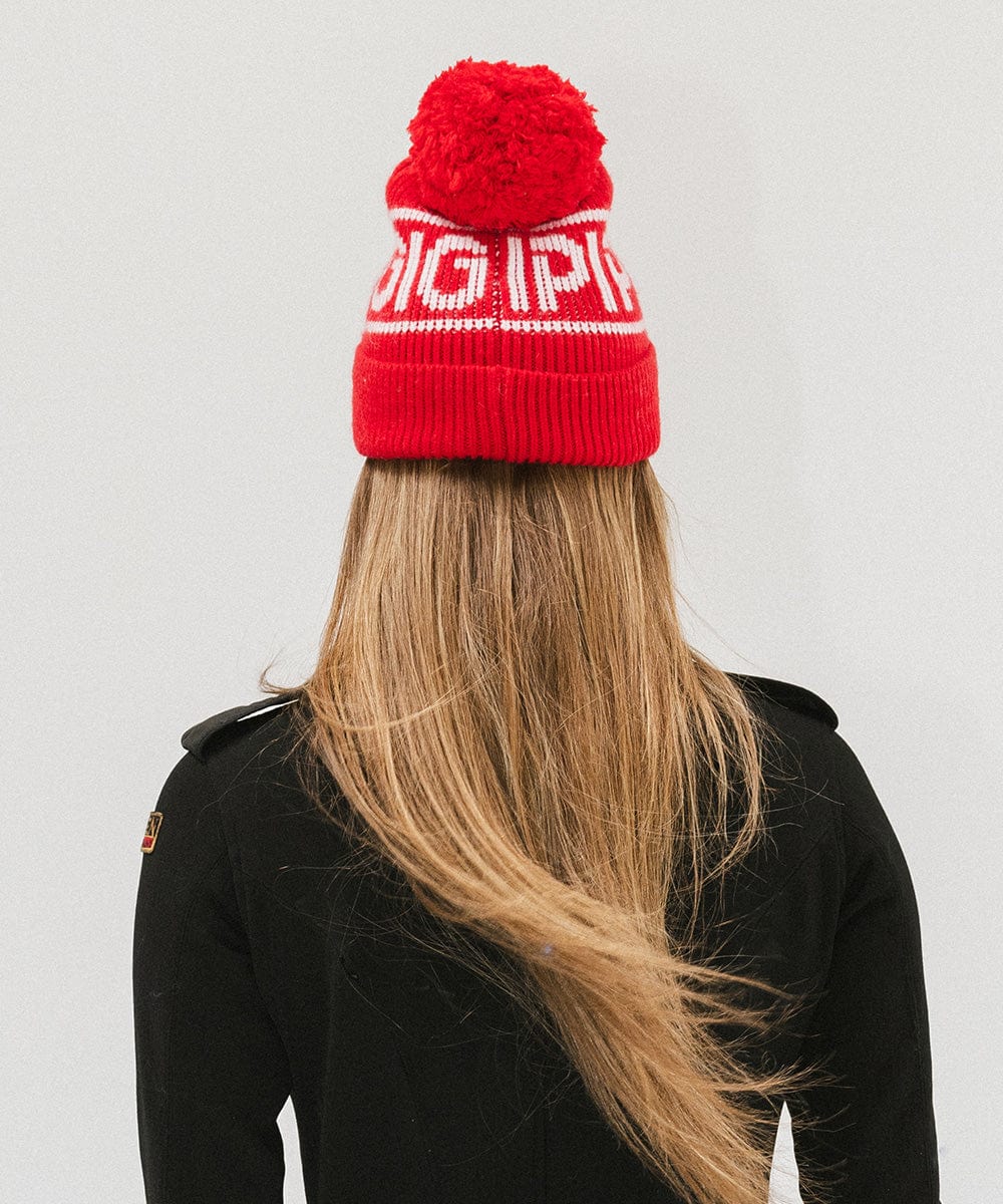 Gigi Pip beanies for women - Jane Retro Pom Beanie - retro inspired pom beanie featuring a limited edition Gigi Pip retro holiday logo [ruby red]