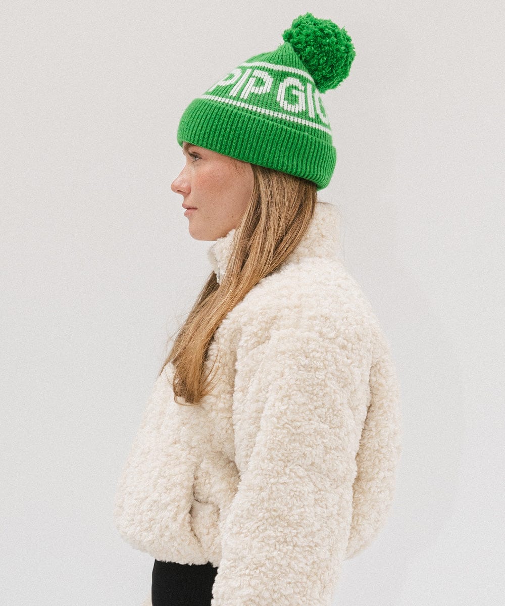 Gigi Pip beanies for women - Jane Retro Pom Beanie - retro inspired pom beanie featuring a limited edition Gigi Pip retro holiday logo [evergreen]