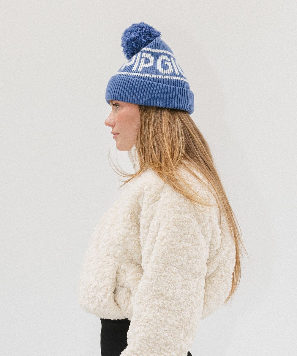 Gigi Pip beanies for women - Jane Retro Pom Beanie - retro inspired pom beanie featuring a limited edition Gigi Pip retro holiday logo [arctic blue]