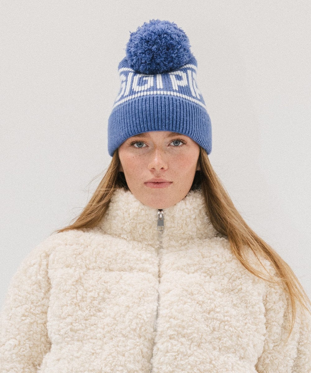 Gigi Pip beanies for women - Jane Retro Pom Beanie - retro inspired pom beanie featuring a limited edition Gigi Pip retro holiday logo [arctic blue]