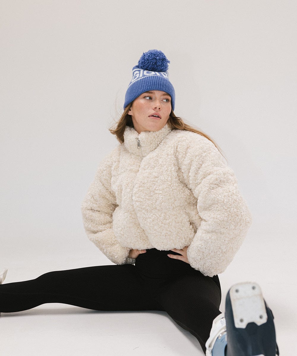 Gigi Pip beanies for women - Jane Retro Pom Beanie - retro inspired pom beanie featuring a limited edition Gigi Pip retro holiday logo [arctic blue]