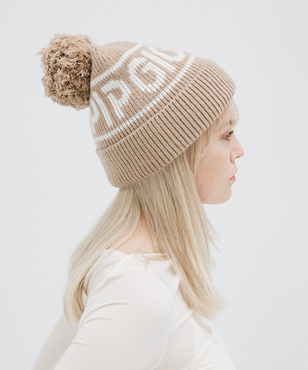 Gigi Pip beanies for women - Jane Retro Pom Beanie - retro inspired pom beanie featuring a limited edition Gigi Pip retro holiday logo [taupe]