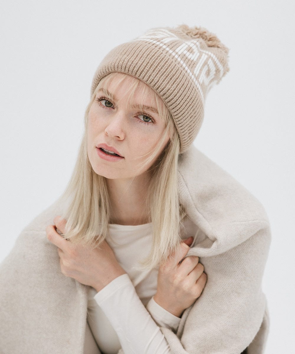 Gigi Pip beanies for women - Jane Retro Pom Beanie - retro inspired pom beanie featuring a limited edition Gigi Pip retro holiday logo [taupe]