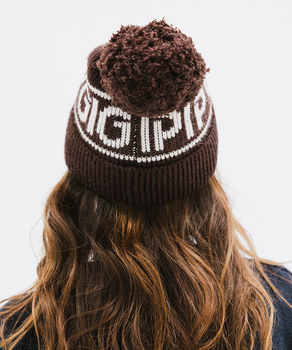 Gigi Pip beanies for women - Jane Retro Pom Beanie - retro inspired pom beanie featuring a limited edition Gigi Pip retro holiday logo [dark brown]