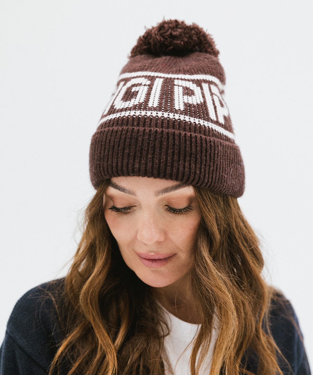 Gigi Pip beanies for women - Jane Retro Pom Beanie - retro inspired pom beanie featuring a limited edition Gigi Pip retro holiday logo [dark brown]