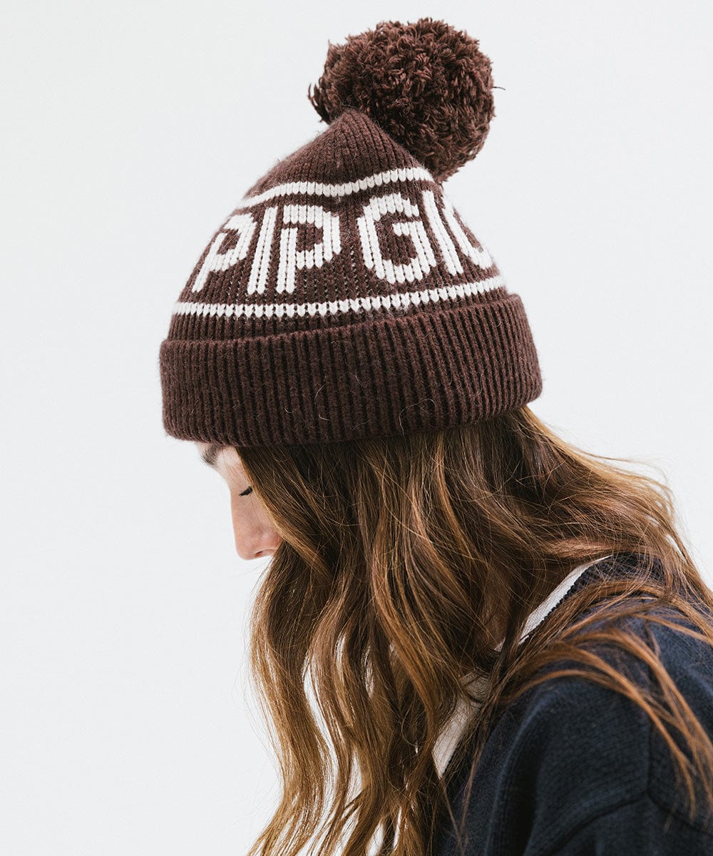 Gigi Pip beanies for women - Jane Retro Pom Beanie - retro inspired pom beanie featuring a limited edition Gigi Pip retro holiday logo [dark brown]