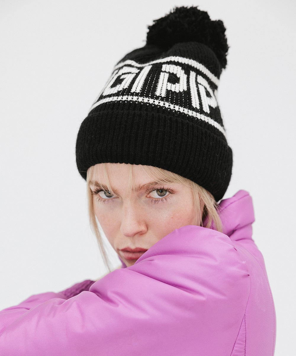 Gigi Pip beanies for women - Jane Retro Pom Beanie - retro inspired pom beanie featuring a limited edition Gigi Pip retro holiday logo [black]