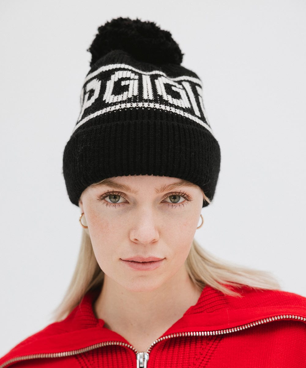 Gigi Pip beanies for women - Jane Retro Pom Beanie - retro inspired pom beanie featuring a limited edition Gigi Pip retro holiday logo [black]