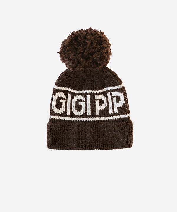 Gigi Pip beanies for women - Jane Retro Pom Beanie - retro inspired pom beanie featuring a limited edition Gigi Pip retro holiday logo [dark brown]