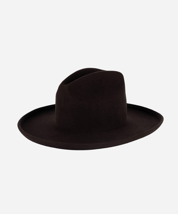 Gigi Pip felt hats for women - Jillian Pencil Brim - 100% australian wool fedora curved crown with a stiff, wide brim featuring a pencil rolled up edge + a GP branded pin on the back [dark brown]