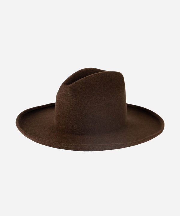 Gigi Pip felt hats for women - Jillian Pencil Brim - 100% australian wool fedora curved crown with a stiff, wide brim featuring a pencil rolled up edge + a GP branded pin on the back [mix brown]