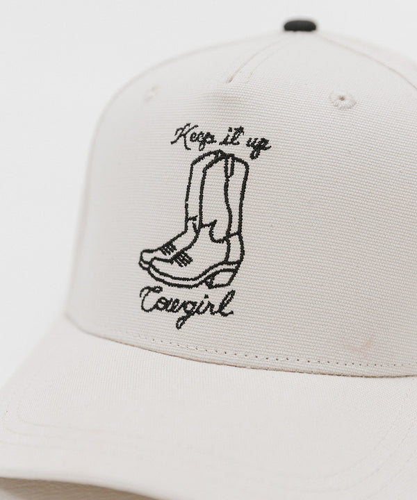 Gigi Pip trucker hats for women - Keep it Up Cowgirl Canvas Trucker Hat - 100% cotton canvas w/ cotton sweatband + reinforced from inner panel with 100% plolyester mesh trucker with Keep it Up Cowgirl embroidered on the front panel featuring an adjustable back strap [cream]