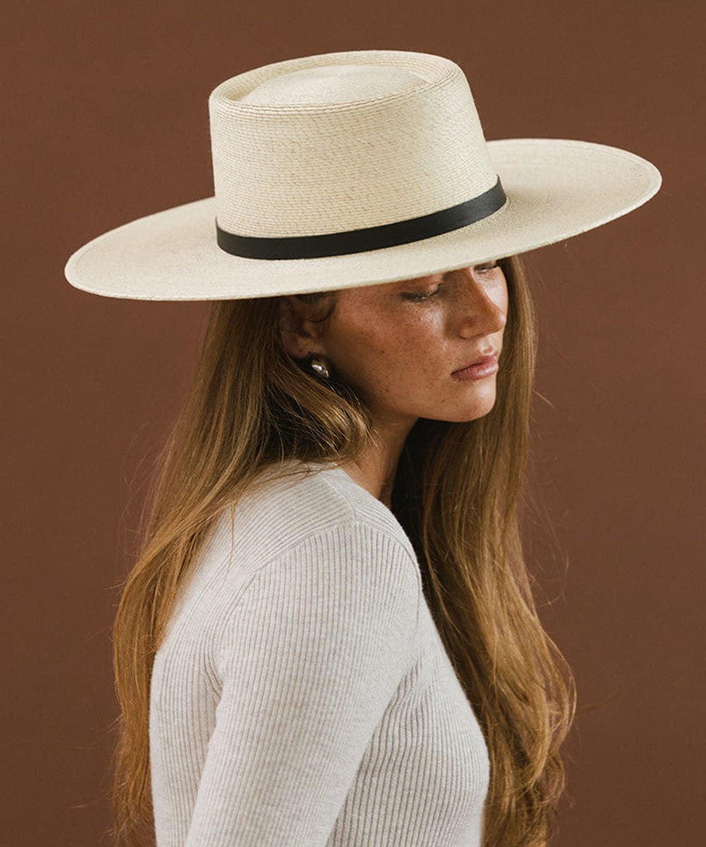 Gigi Pip straw hats for women - Lake - 100% guatemalan palm wide brim sun hat, featuring a thin black leather band attached [natural]