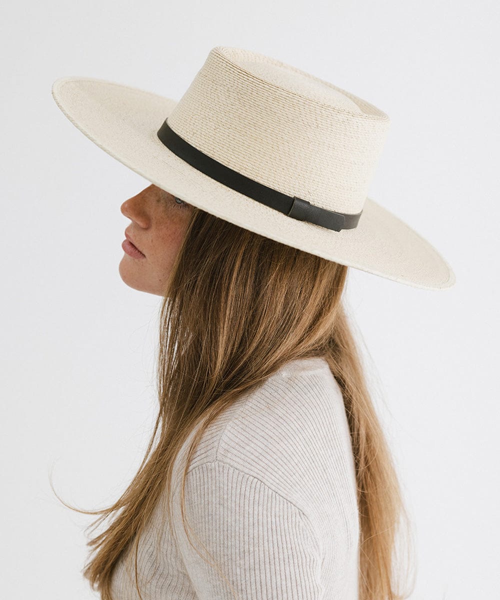 Gigi Pip straw hats for women - Lake - 100% guatemalan palm wide brim sun hat, featuring a thin black leather band attached [natural]