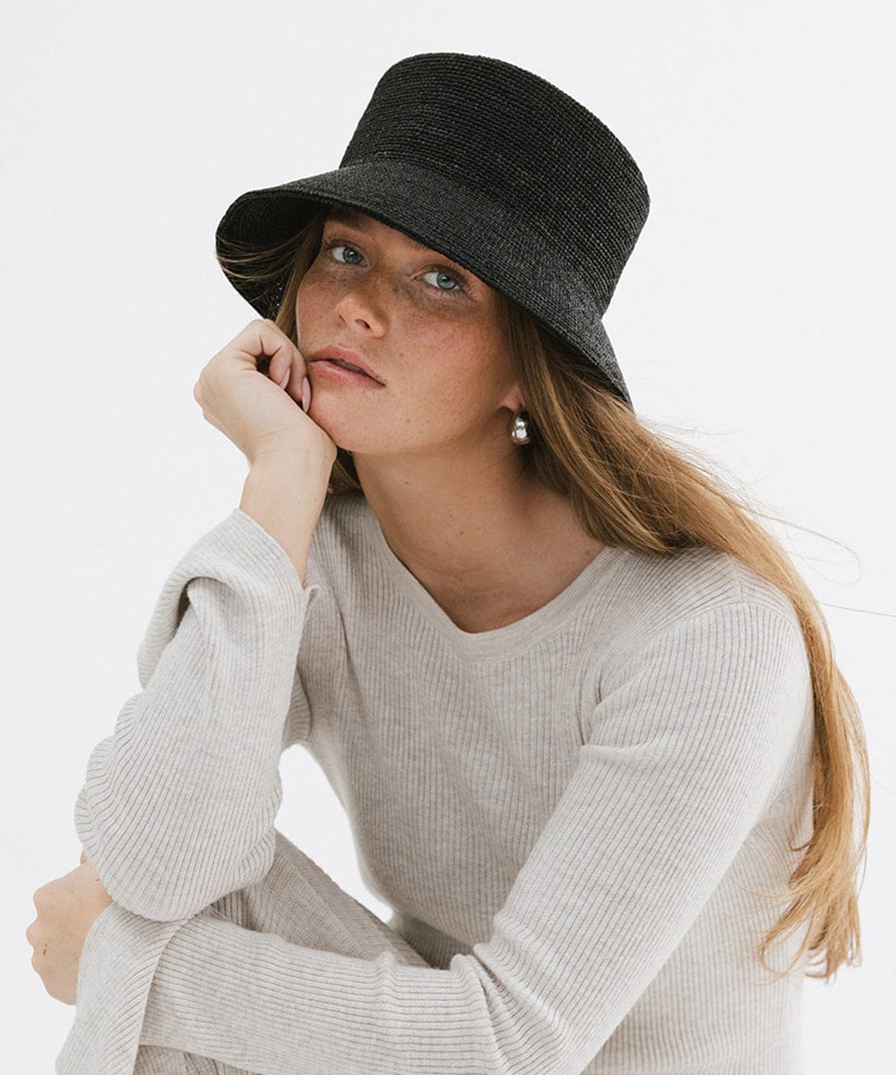 Gigi Pip bucket hats for women - Lana Straw Bucket Hat - 100% raffia straw packable friendly straw bucket hat with a gold gp pin on the back [black]