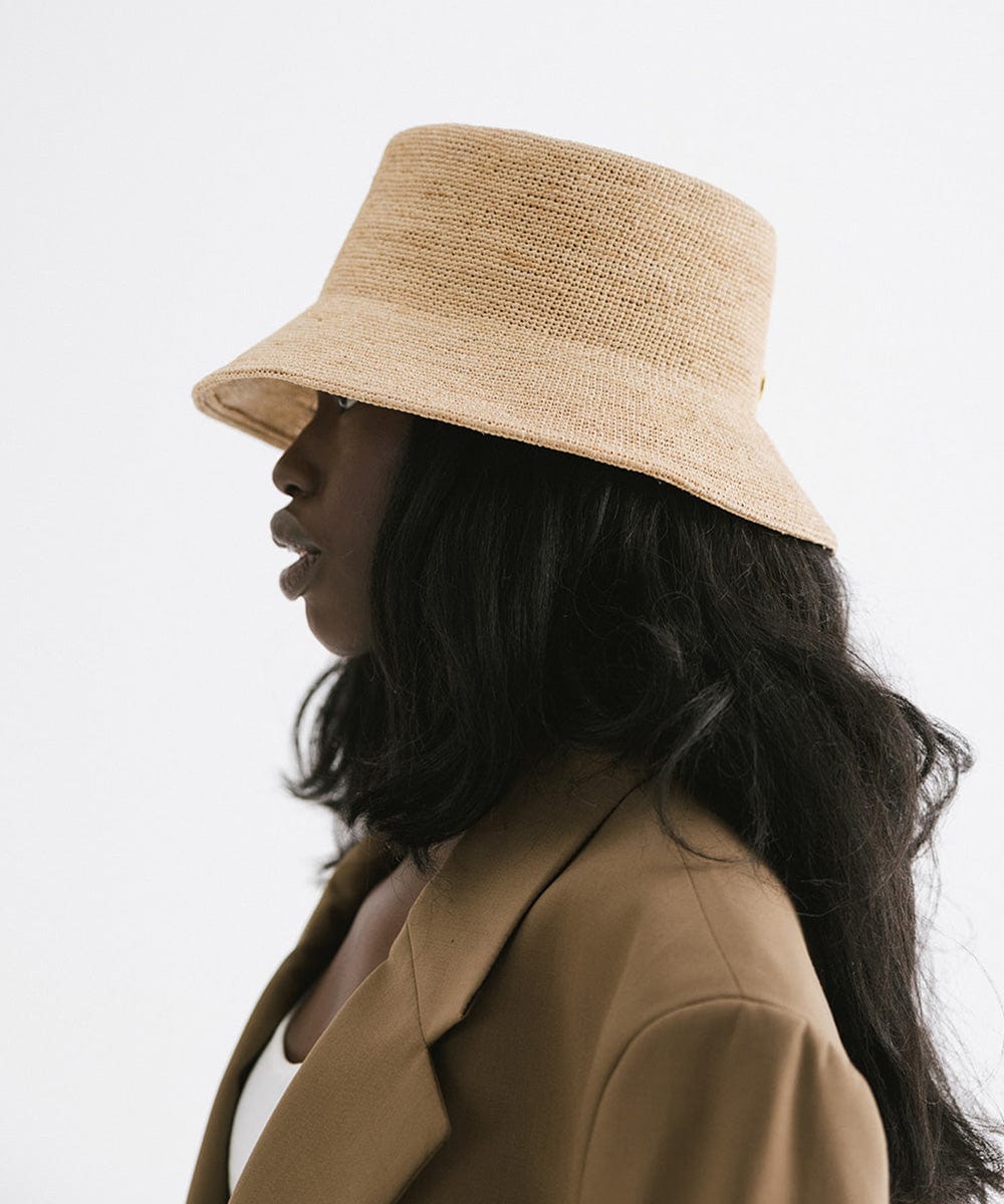 Gigi Pip bucket hats for women - Lana Straw Bucket Hat - 100% raffia straw packable friendly straw bucket hat with a gold gp pin on the back [natural]