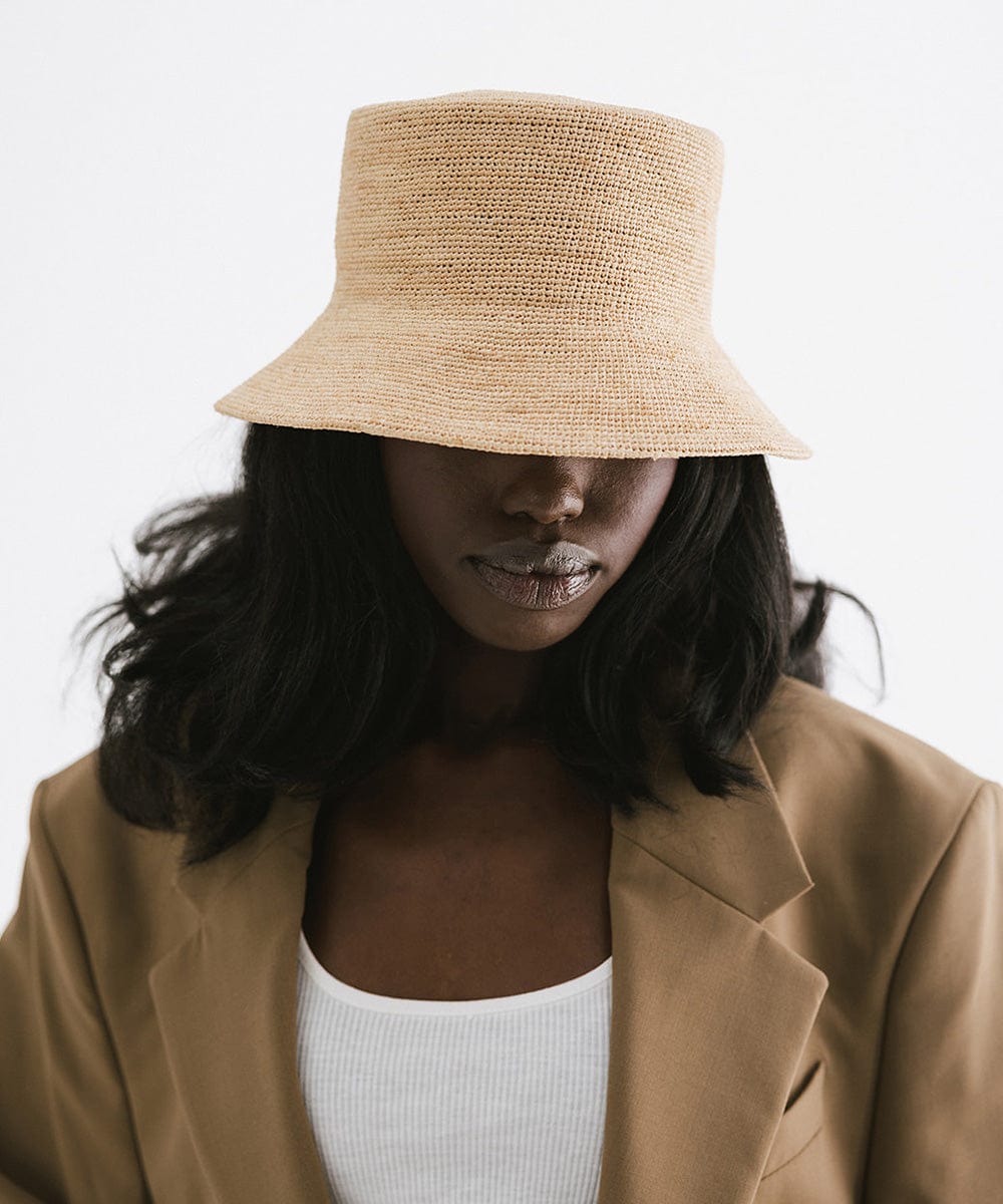 Gigi Pip bucket hats for women - Lana Straw Bucket Hat - 100% raffia straw packable friendly straw bucket hat with a gold gp pin on the back [natural]