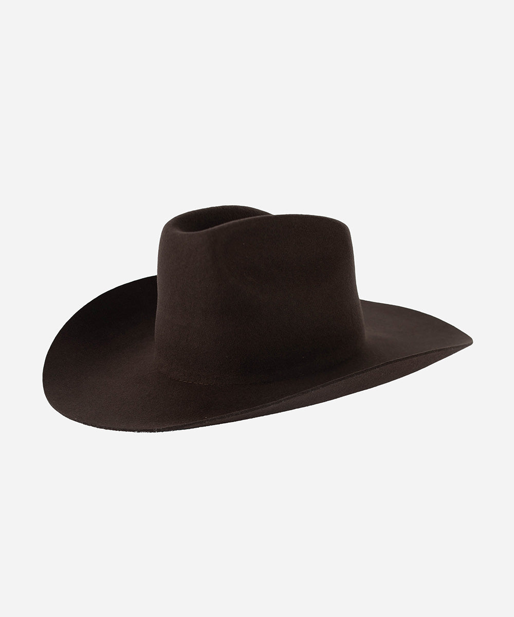 Gigi Pip felt hats for women - Lane Brick Top - 100% australian wool stiff traditional western Upturned Brim with a Brick Top Crown featuring a gold plated Gigi Pip branded pin on the back of the crown [dark brown]