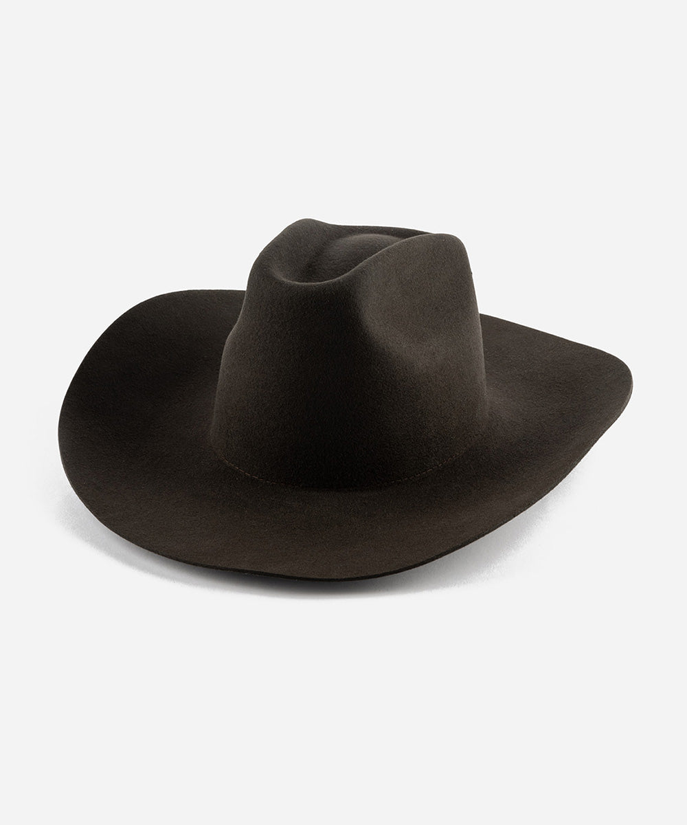 Gigi Pip felt hats for women - Lane Brick Top - 100% australian wool stiff traditional western Upturned Brim with a Brick Top Crown featuring a gold plated Gigi Pip branded pin on the back of the crown [dark brown]