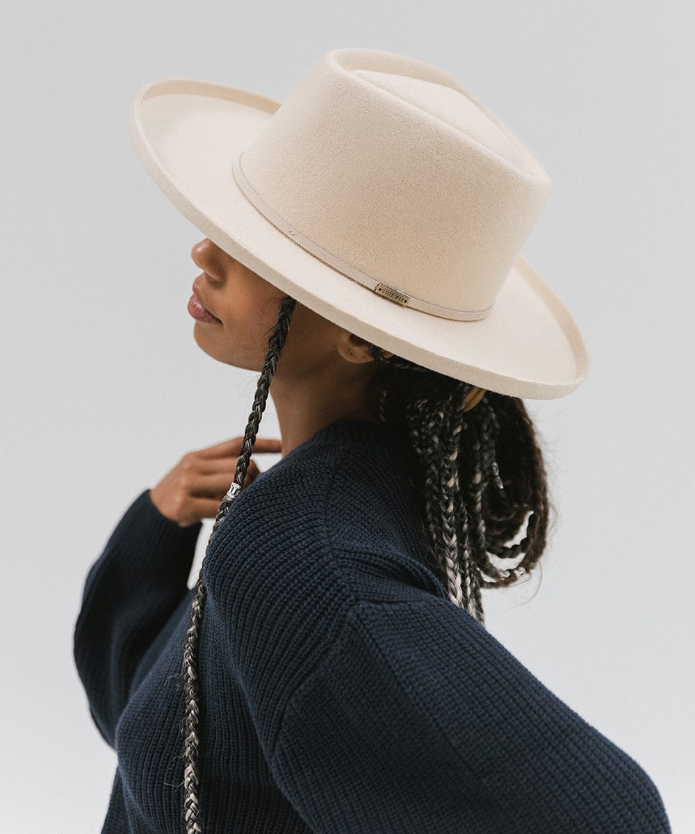 Gigi Pip felt hats for women - Lennon Pencil Brim - 100% australian wool fedora curved crown with a stiff, wide brim featuring a pencil rolled up edge + a grosgrain ribbon trim [cream]