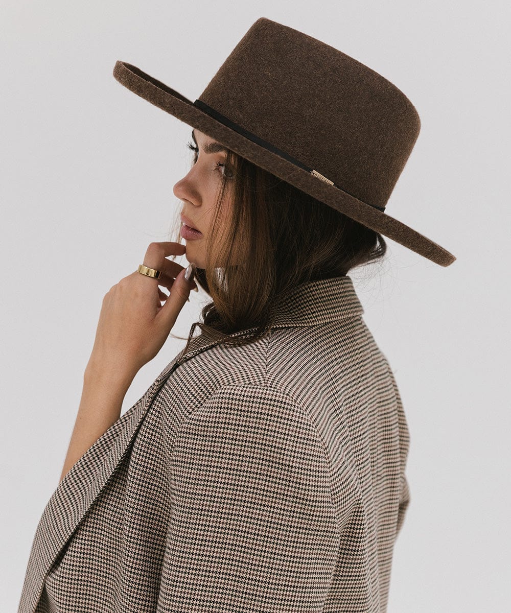 Gigi Pip felt hats for women - Lennon Pencil Brim - 100% australian wool fedora curved crown with a stiff, wide brim featuring a pencil rolled up edge + a grosgrain ribbon trim [mix brown]