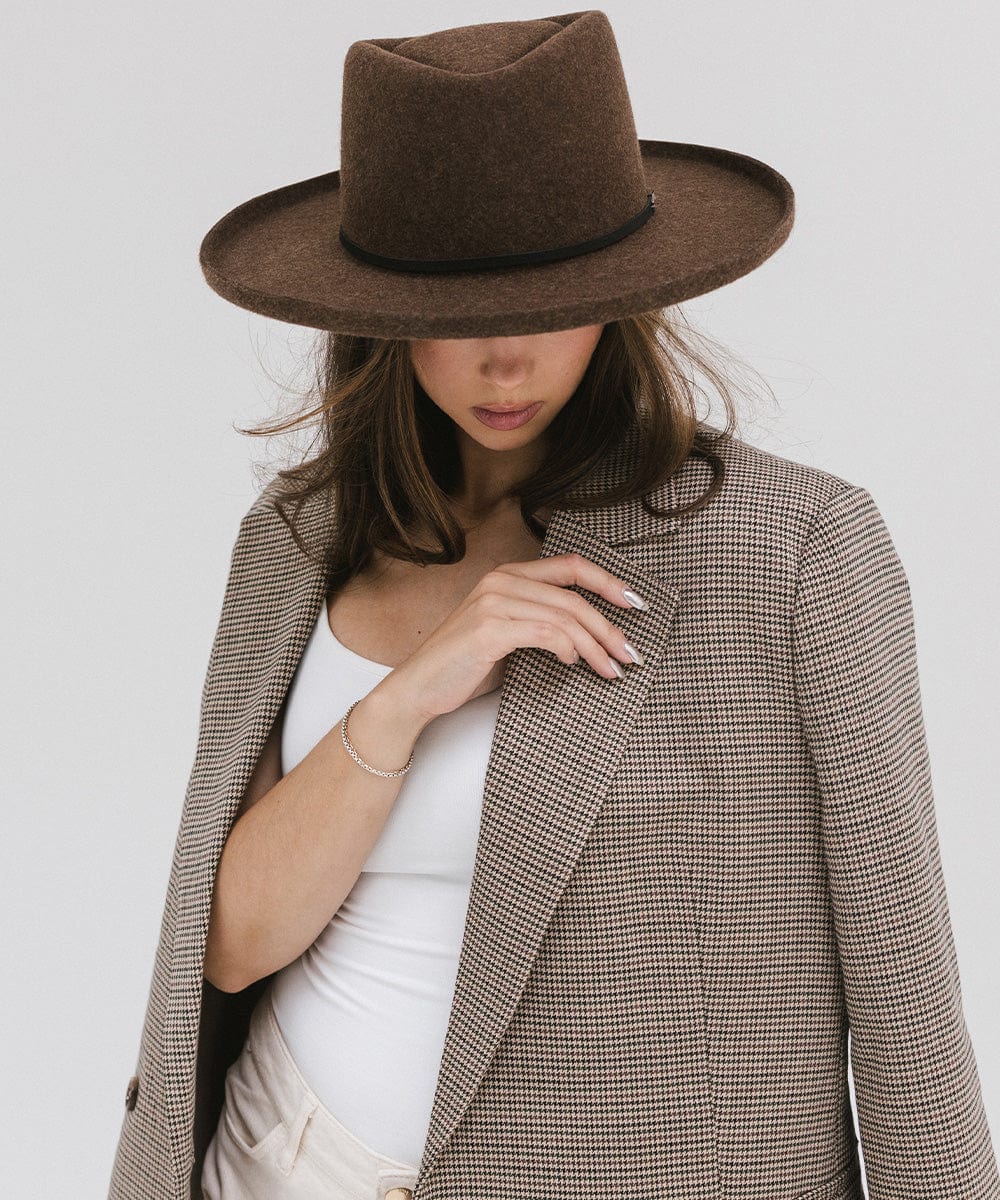 Gigi Pip felt hats for women - Lennon Pencil Brim - 100% australian wool fedora curved crown with a stiff, wide brim featuring a pencil rolled up edge + a grosgrain ribbon trim [mix brown]