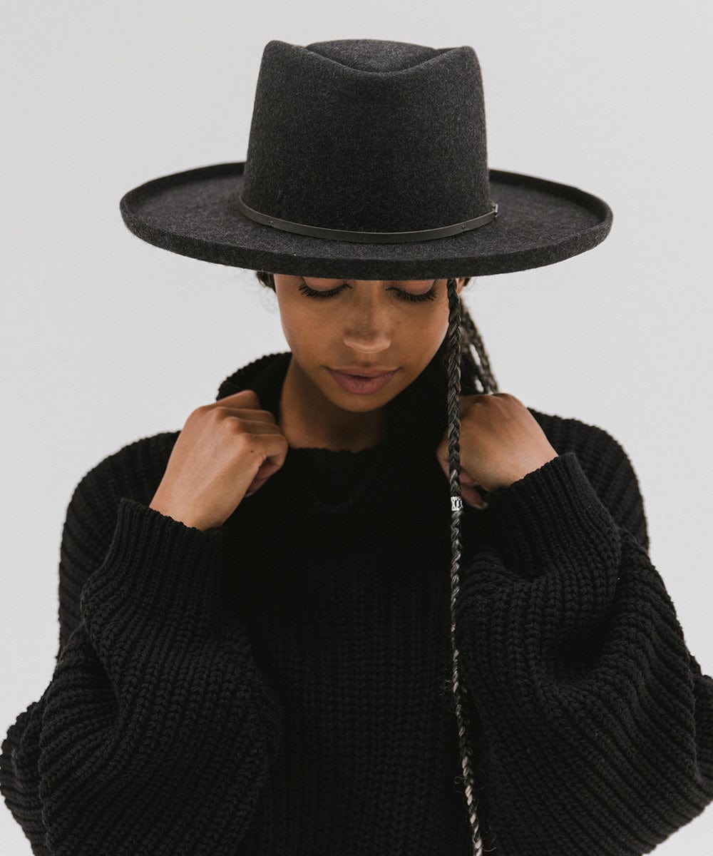 Gigi Pip felt hats for women - Lennon Pencil Brim - 100% australian wool fedora curved crown with a stiff, wide brim featuring a pencil rolled up edge + a grosgrain ribbon trim [mix charcoal]