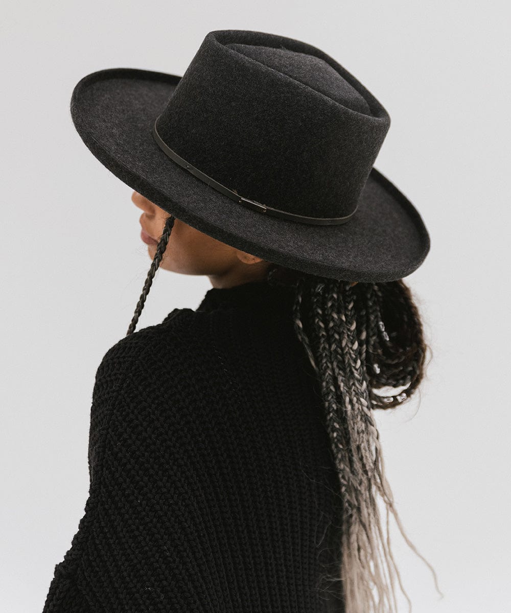 Gigi Pip felt hats for women - Lennon Pencil Brim - 100% australian wool fedora curved crown with a stiff, wide brim featuring a pencil rolled up edge + a grosgrain ribbon trim [mix charcoal]