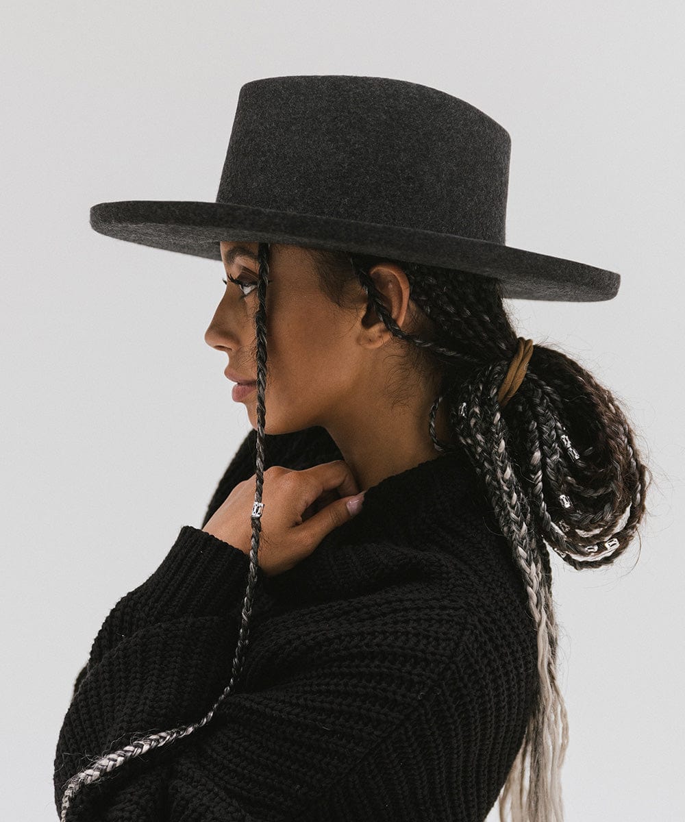 Gigi Pip felt hats for women - Lennon Pencil Brim - 100% australian wool fedora curved crown with a stiff, wide brim featuring a pencil rolled up edge + a grosgrain ribbon trim [mix charcoal]