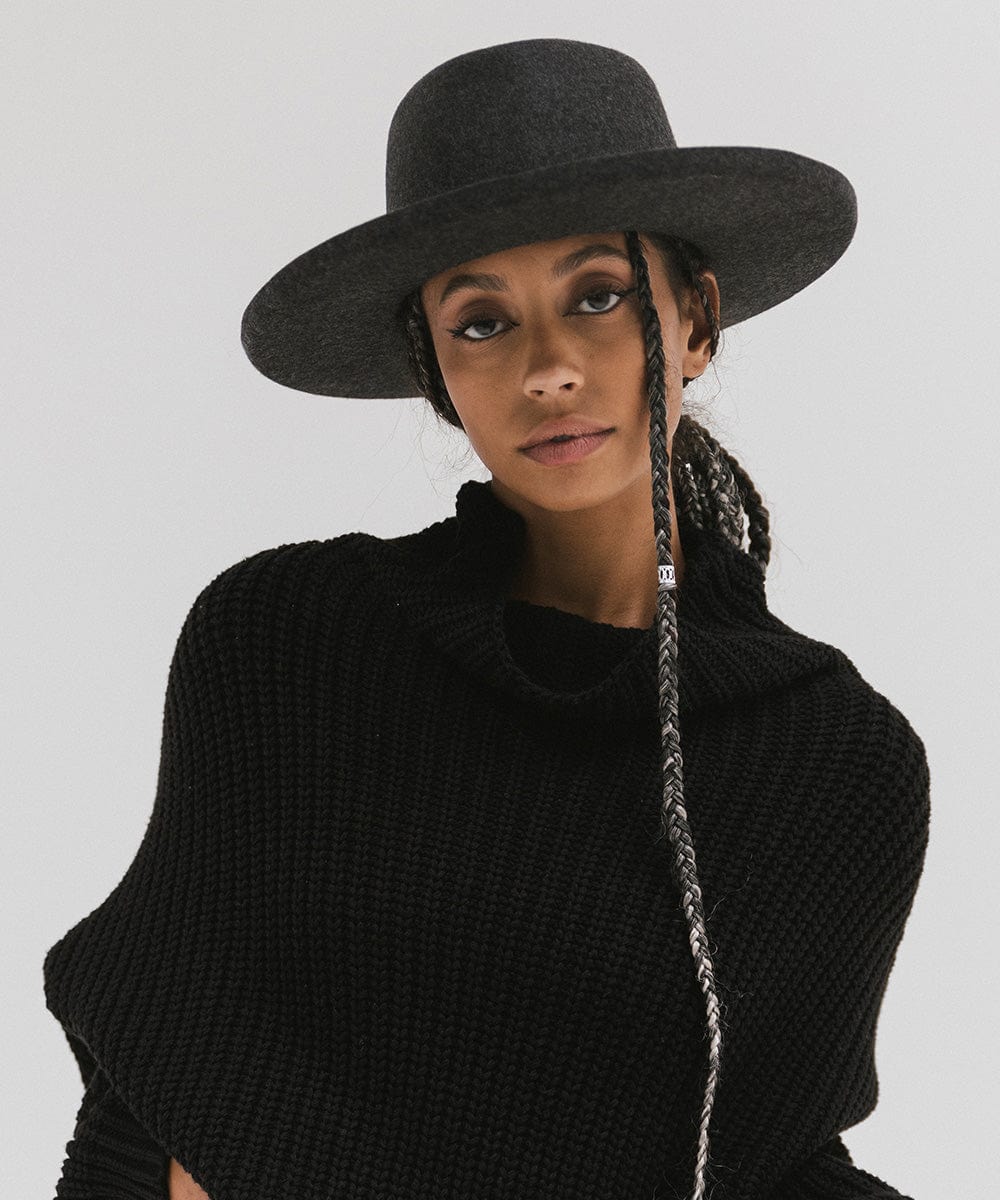 Gigi Pip felt hats for women - Lennon Pencil Brim - 100% australian wool fedora curved crown with a stiff, wide brim featuring a pencil rolled up edge + a grosgrain ribbon trim [mix charcoal]