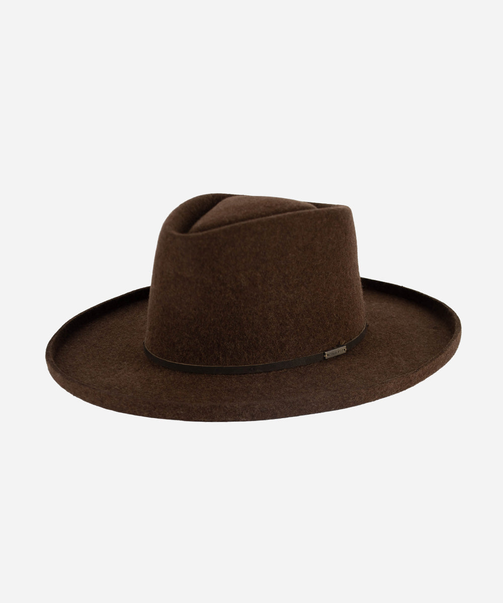 Gigi Pip felt hats for women - Lennon Pencil Brim - 100% australian wool fedora curved crown with a stiff, wide brim featuring a pencil rolled up edge + a grosgrain ribbon trim [mix brown]