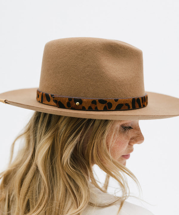 Gigi Pip hat bands + trims for women's hats - Leopard Print Band - 100% genuine leather band with a layer of leopard print faux fur lining the outside and a brass pin to secure around the back of your crown [dark-brown]