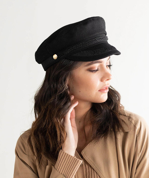 Gigi Pip caps for women - Lieutenant Cap - vintage inspired cap with an adjustable inner band, featuring a braided rope trim, a detailed grosgrain and brass button with the Gigi Pip logo [black]