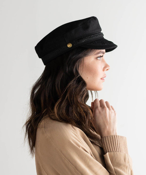 Gigi Pip caps for women - Lieutenant Cap - vintage inspired cap with an adjustable inner band, featuring a braided rope trim, a detailed grosgrain and brass button with the Gigi Pip logo [black]