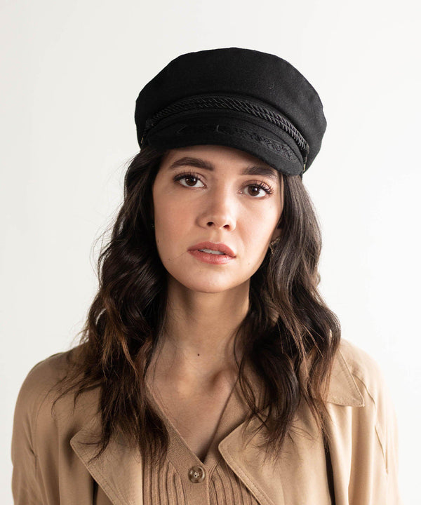 Gigi Pip caps for women - Lieutenant Cap - vintage inspired cap with an adjustable inner band, featuring a braided rope trim, a detailed grosgrain and brass button with the Gigi Pip logo [black]