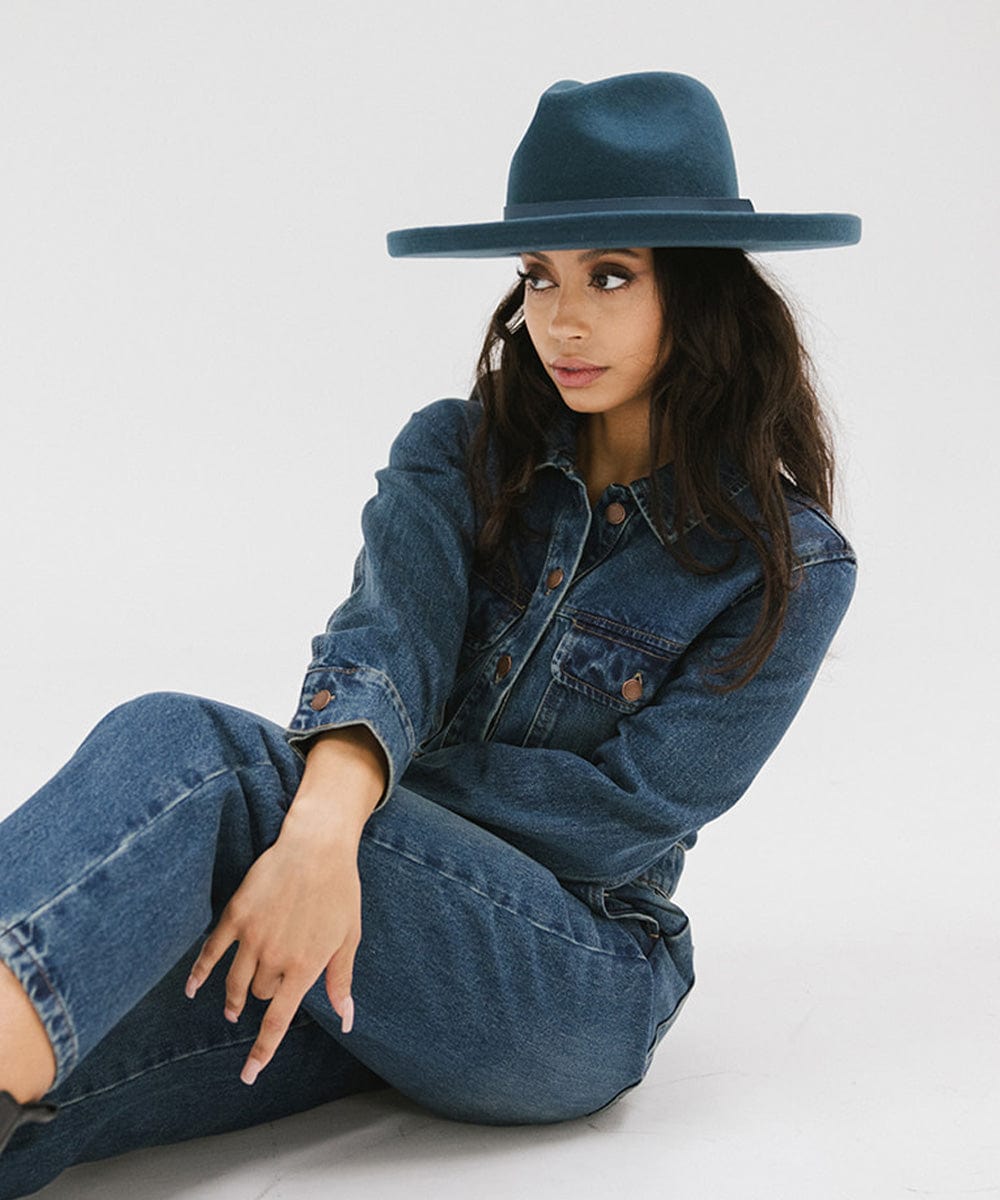 Gigi Pip limited edition hats for women - Maude Pencil Brim in Vintage Blue - curved crown with a stiff, wide brim with pencil rolled up edge + a limited edition trim featuring a wide leather band in a limited edition vintage blue [vintage blue]