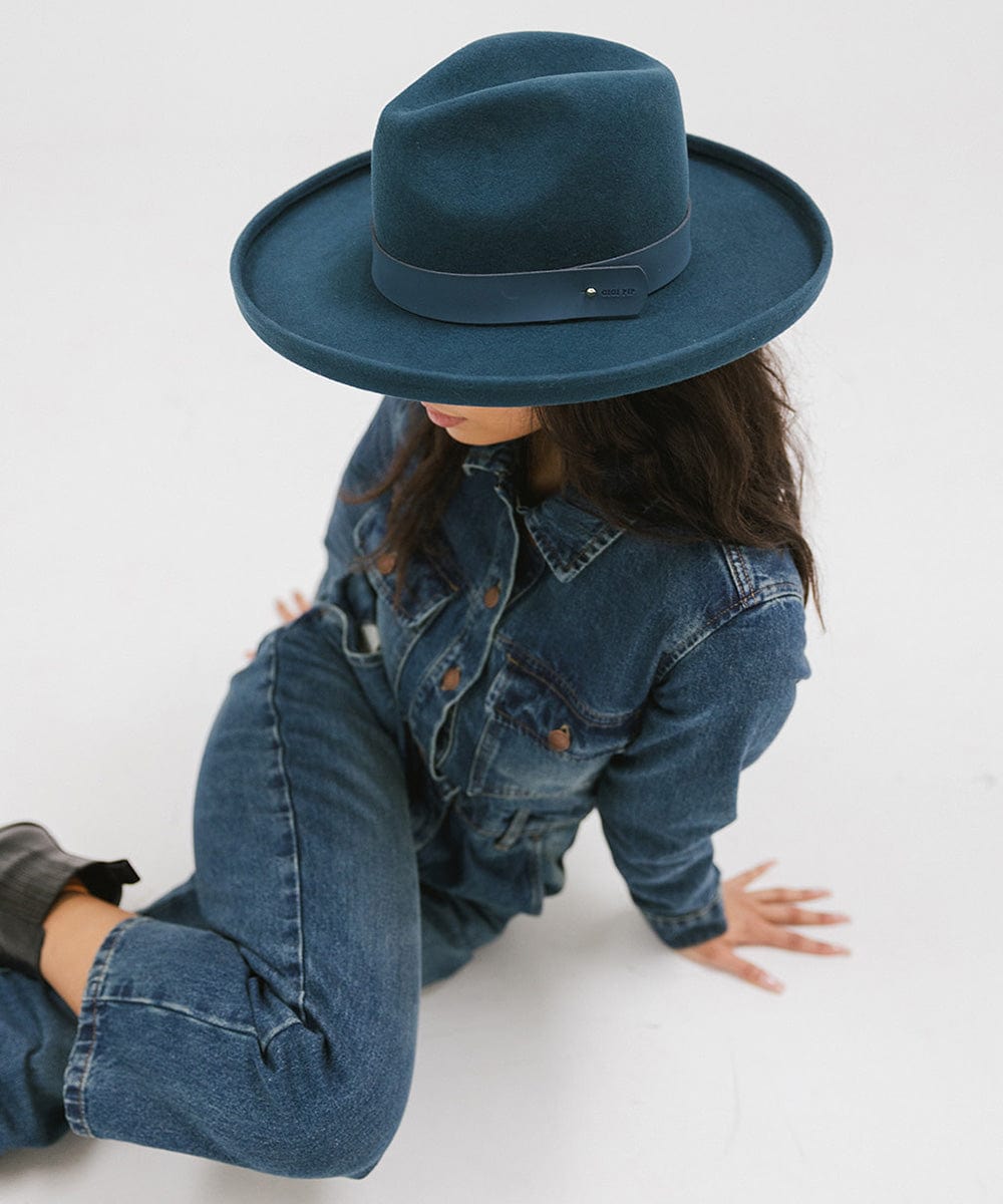 Gigi Pip limited edition hats for women - Maude Pencil Brim in Vintage Blue - curved crown with a stiff, wide brim with pencil rolled up edge + a limited edition trim featuring a wide leather band in a limited edition vintage blue [vintage blue]