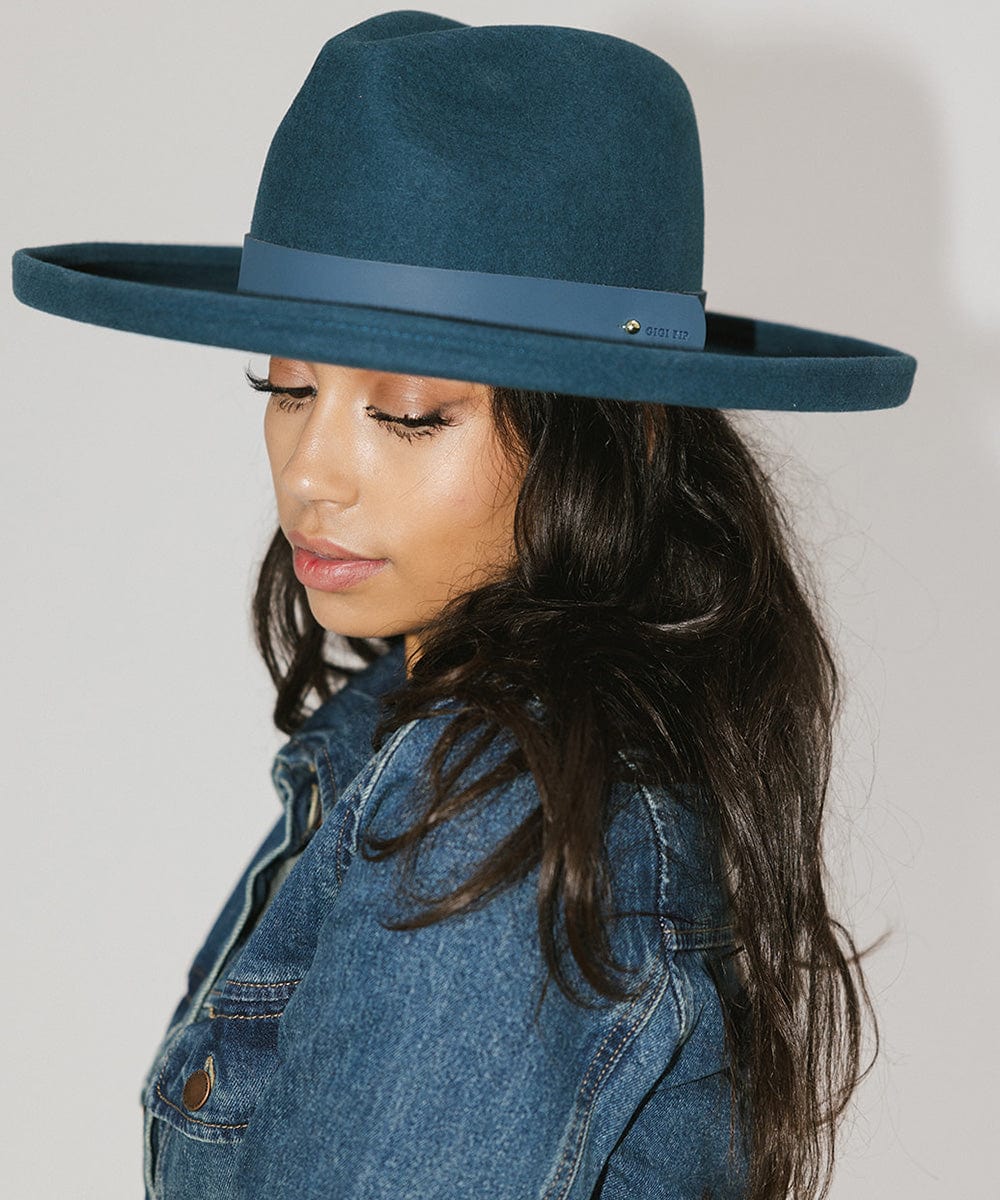 Gigi Pip limited edition hats for women - Maude Pencil Brim in Vintage Blue - curved crown with a stiff, wide brim with pencil rolled up edge + a limited edition trim featuring a wide leather band in a limited edition vintage blue [vintage blue]