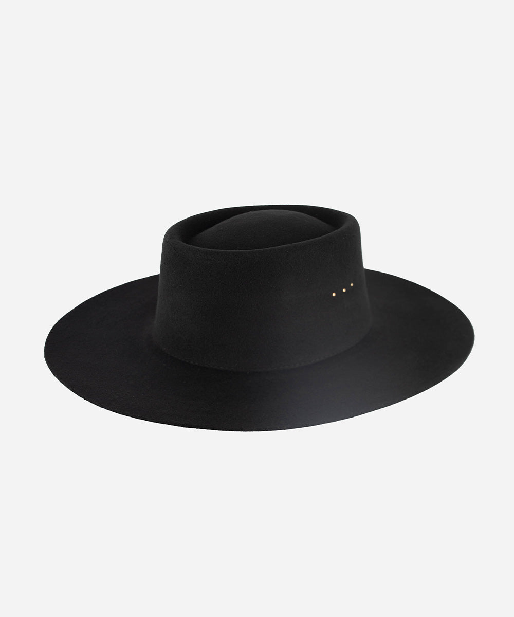 Gigi Pip felt hats for women - Linden Boater - telescope boater crown with a flat brim and three gold plated metal studs [black]