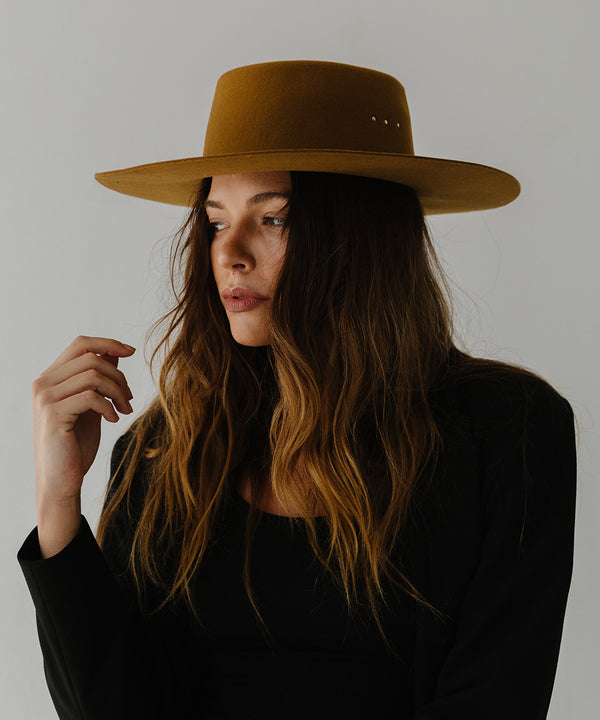 Gigi Pip felt hats for women - Linden Boater - telescope boater crown with a flat brim and three gold plated metal studs [cinnamon]