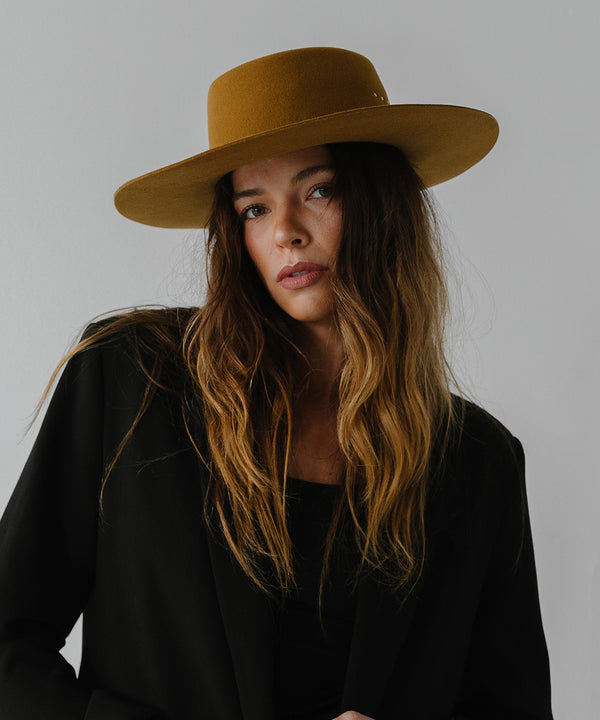 Gigi Pip felt hats for women - Linden Boater - telescope boater crown with a flat brim and three gold plated metal studs [cinnamon]