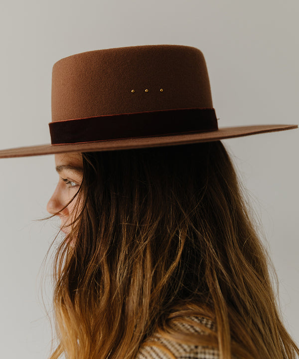 Gigi Pip felt hats for women - Linden Boater - telescope boater crown with a flat brim and three gold plated metal studs [dark oak]