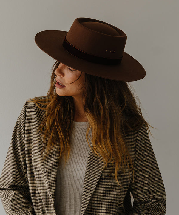 Gigi Pip felt hats for women - Linden Boater - telescope boater crown with a flat brim and three gold plated metal studs [dark oak]